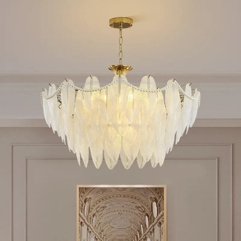 Lustre de luxe avec morceaux en cristal Vintage perle décorative plume