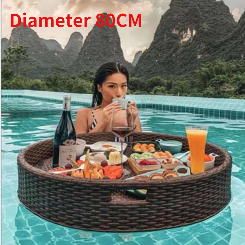 plateau en rotin nordique pour fruits et boissons de piscine