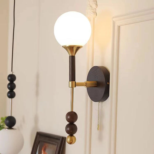 applique murale vintage en bois et verre avec interrupteur à câble - vue 2 sur 9