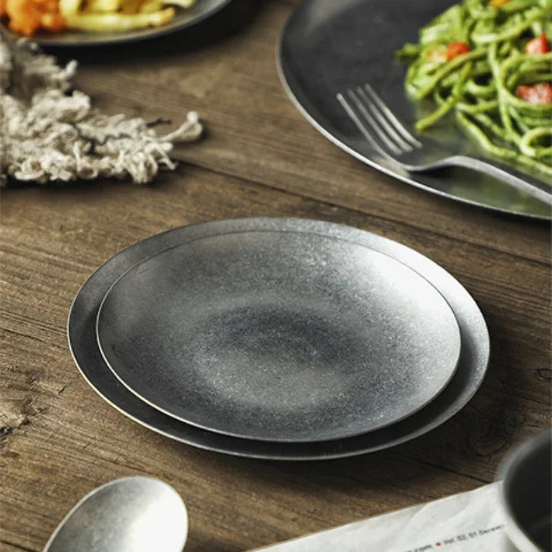 Assiette plate vintage acier inox style industriel camping - vue 2 sur 7