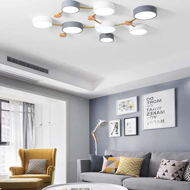 plafonnier nordique led bois macaron 3-8 têtes éclairage décoratif - vue 3 sur 10