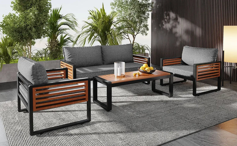 salon de jardin 4 pièces avec canapé et chaises en fer galvanisé