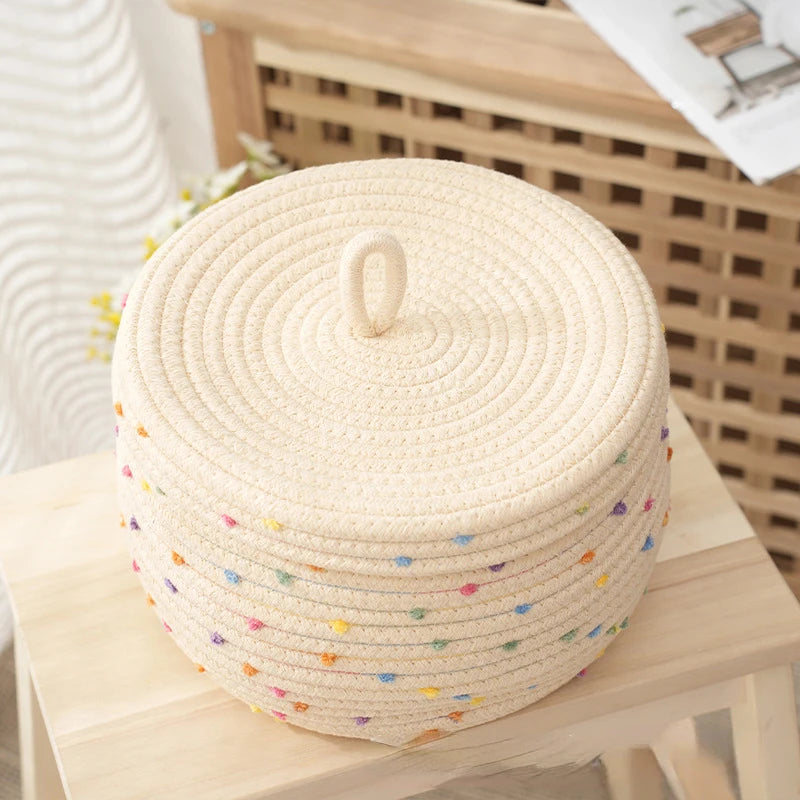 panier de rangement en corde de coton à pois colorés pour organisation
