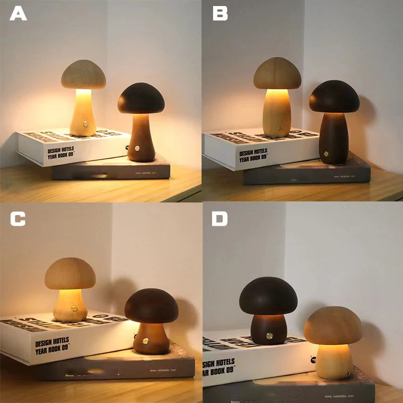 Lampe LED Veilleuse Tactile en forme de champignon en bois