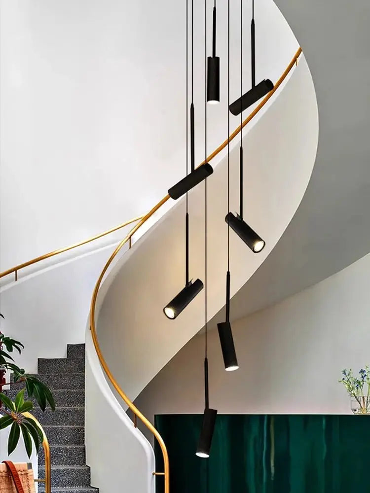 Led cylindrique spot suspension design moderne Restaurant éclairage noir blanc minimaliste escalier Long lustre