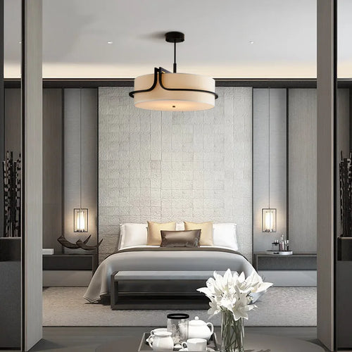 Nouveau lustre en fer de Style chinois moderne personnalité créative Simple hôtel salon chambre Restaurant tissu suspendus lumières
