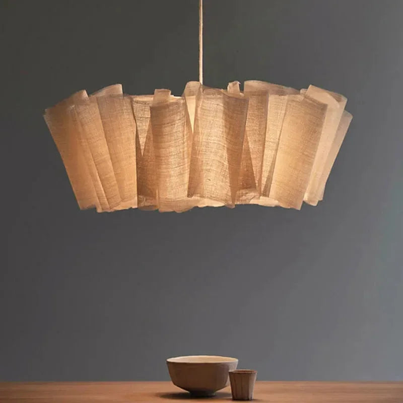 suspension plissée en lin vintage abat-jour fait main style wabi sabi - vue 4 sur 9