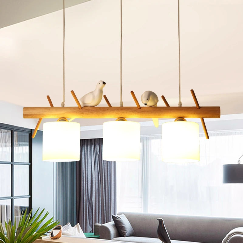 lustre nordique en bois massif avec oiseaux pour décoration intérieure - vue 7 sur 9