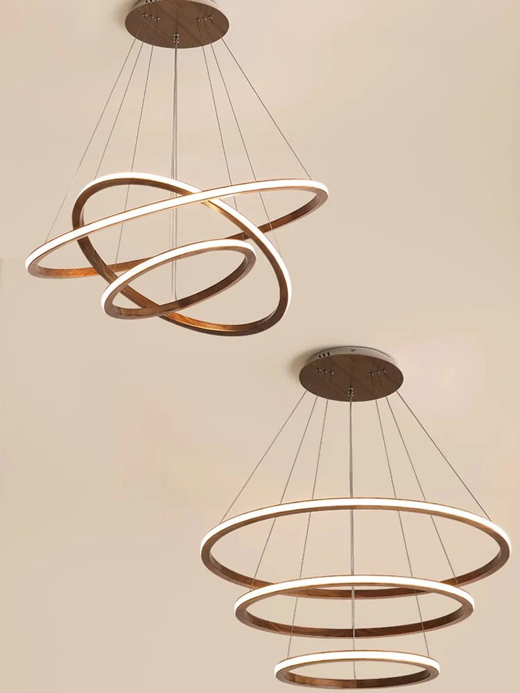 lustre moderne en bois led avec anneau en noyer rétro - vue 5 sur 14