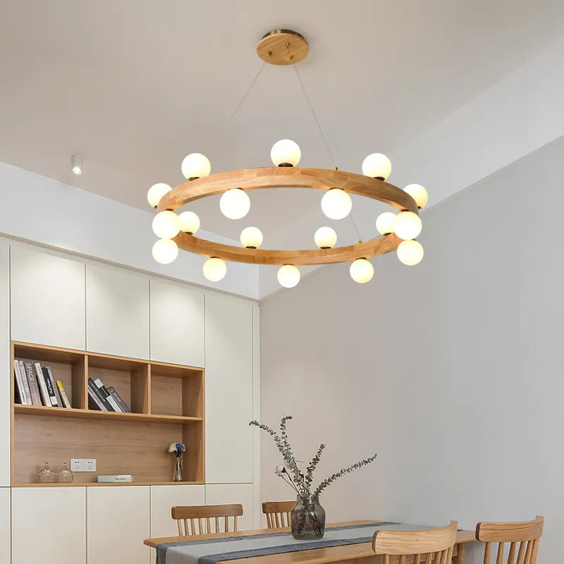 Nordique rond en bois anneau lustres salon rondin suspension lampe salle à manger cuisine chambre japonais créatif noyer suspension lumières