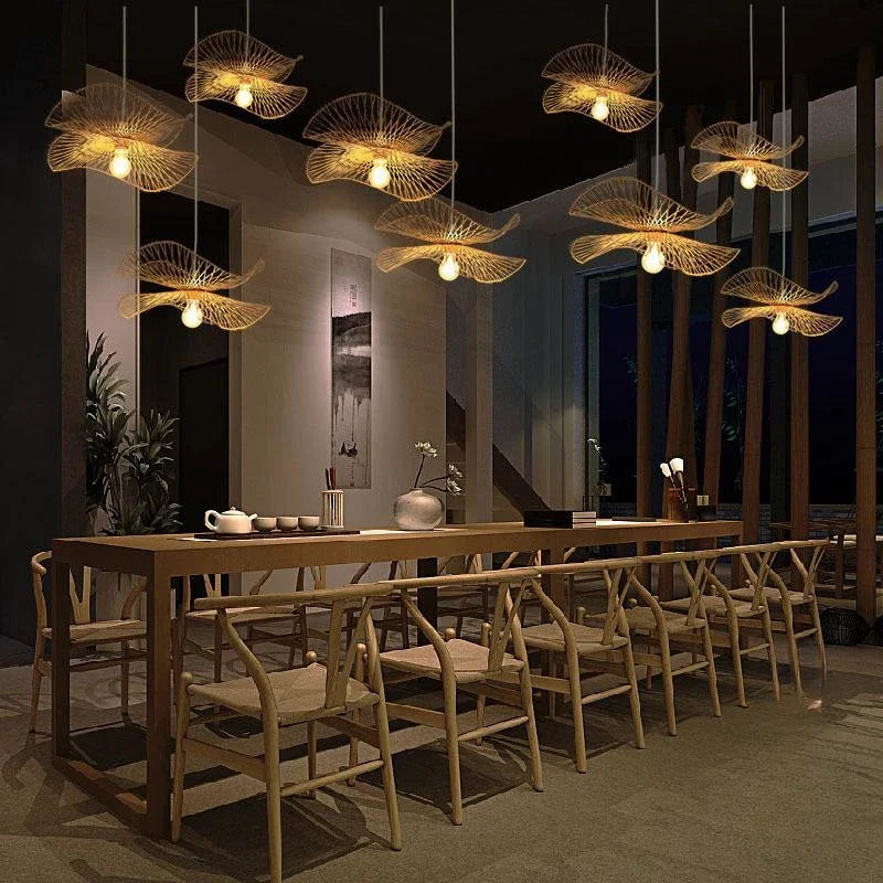 lustre chinois fait main en bambou avec éclairage led suspendu