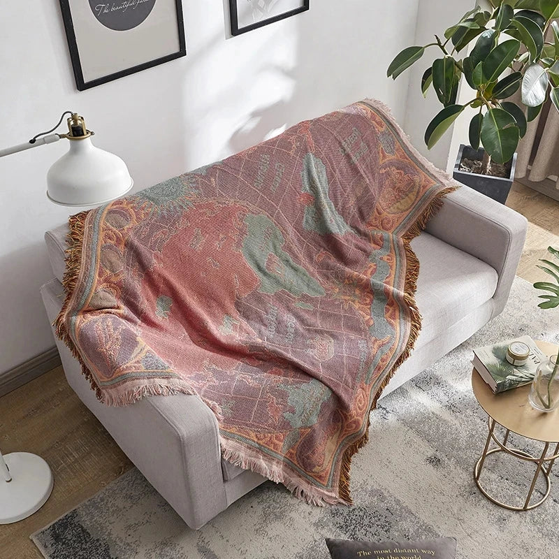 Plaid bohème carte du monde tricoté décor canapé - vue 5 sur 6