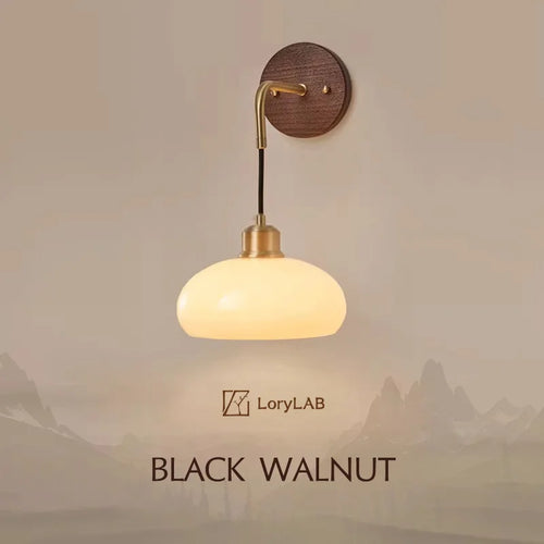 Walnut Wood Glass Brass, Wabi-sabi minimalist Modern style, Wall Sconce light for Bedroom, Bedside, Living, Dining Room - vue 2 sur 7