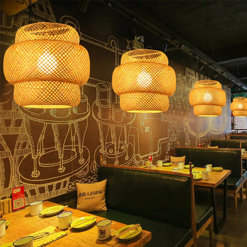 ZK50 LED lustre en rotin fait à la main rond chapeau de paille lampe en bambou pastorale Vintage Restaurant lustre lumière pour café bar E27 E26