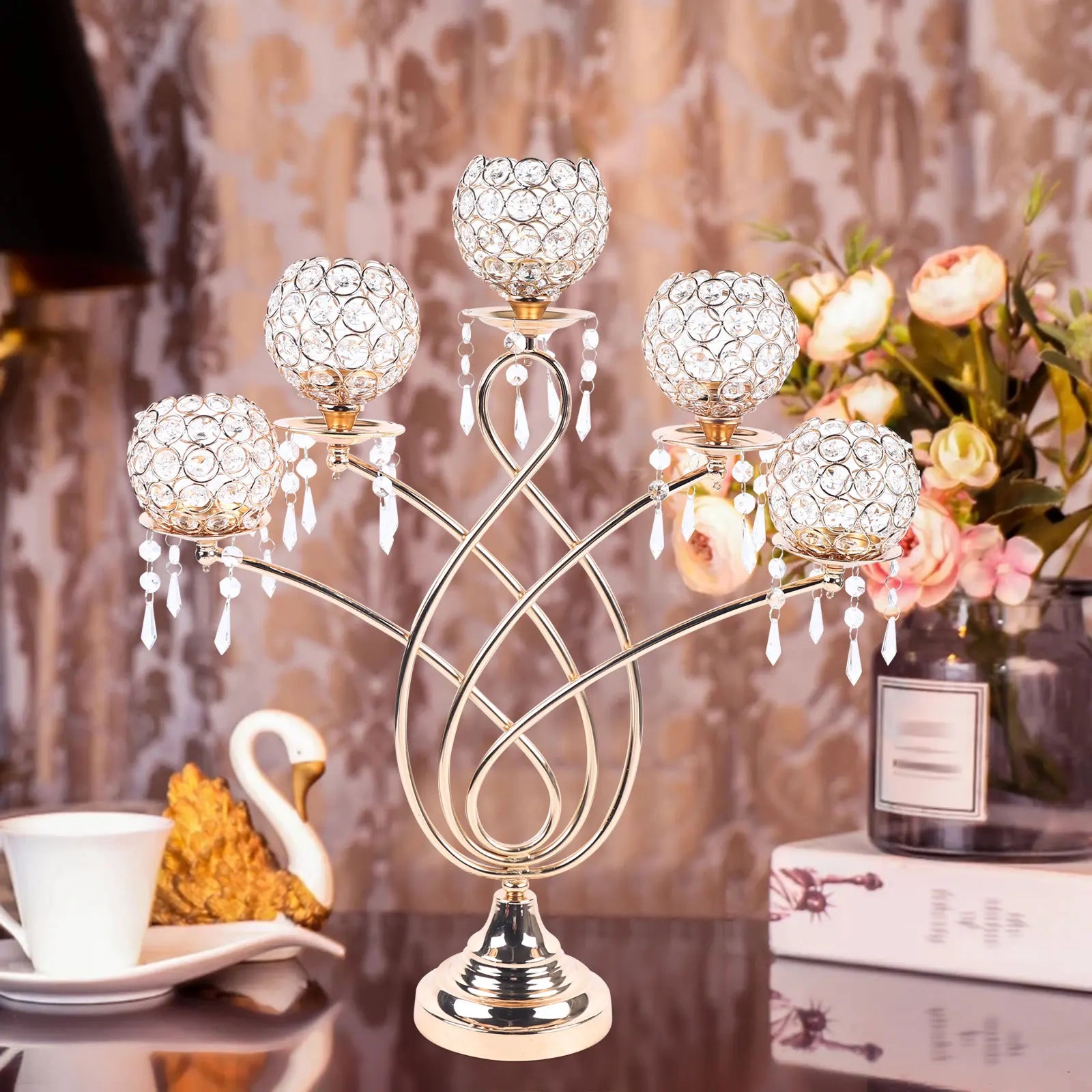bougeoir en cristal doré à cinq bras pour décoration de mariage - vue 5 sur 7