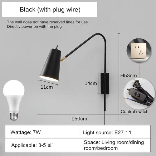 Minimally Adjustable Bedroom Bedside Wall Lamp, Long Arm Dining Room Wall Lamp, Nordic Long Pole Industrial Style Swing Arm Lamp - vue 13 sur 12