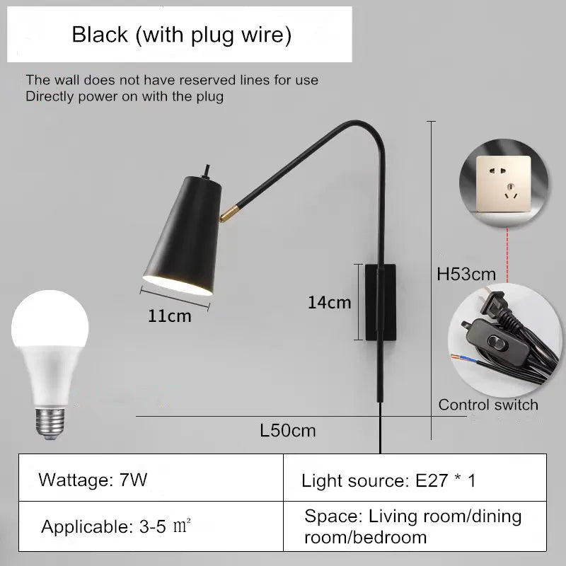 Minimally Adjustable Bedroom Bedside Wall Lamp, Long Arm Dining Room Wall Lamp, Nordic Long Pole Industrial Style Swing Arm Lamp - vue 12 sur 12