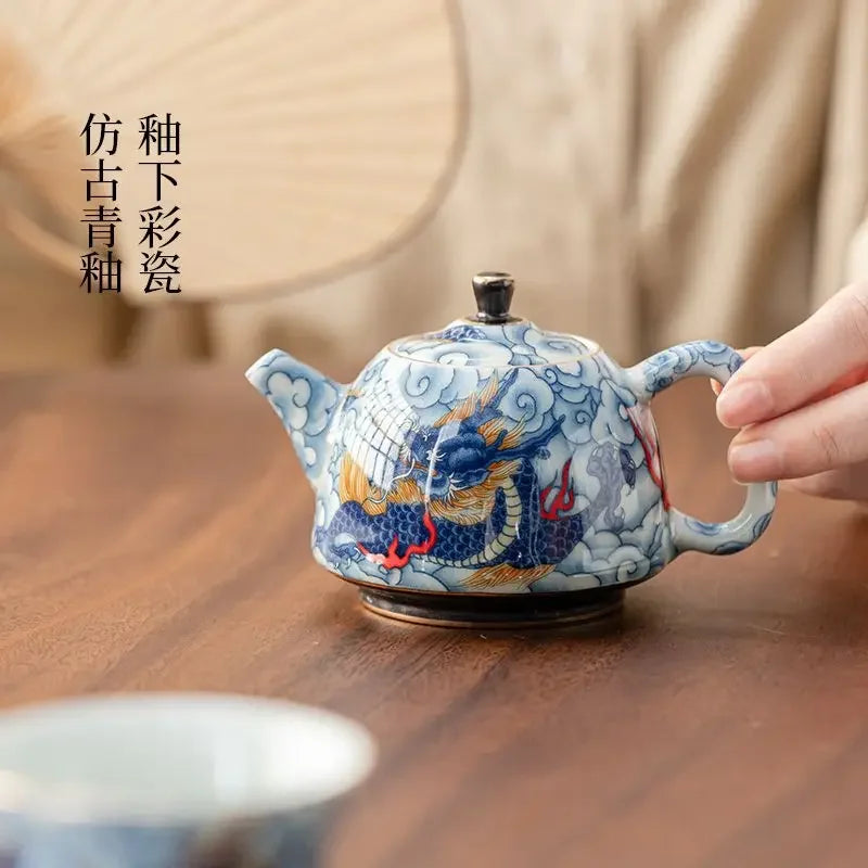 Théière chinoise porcelaine décor sous couverte infuseur - vue 7 sur 7