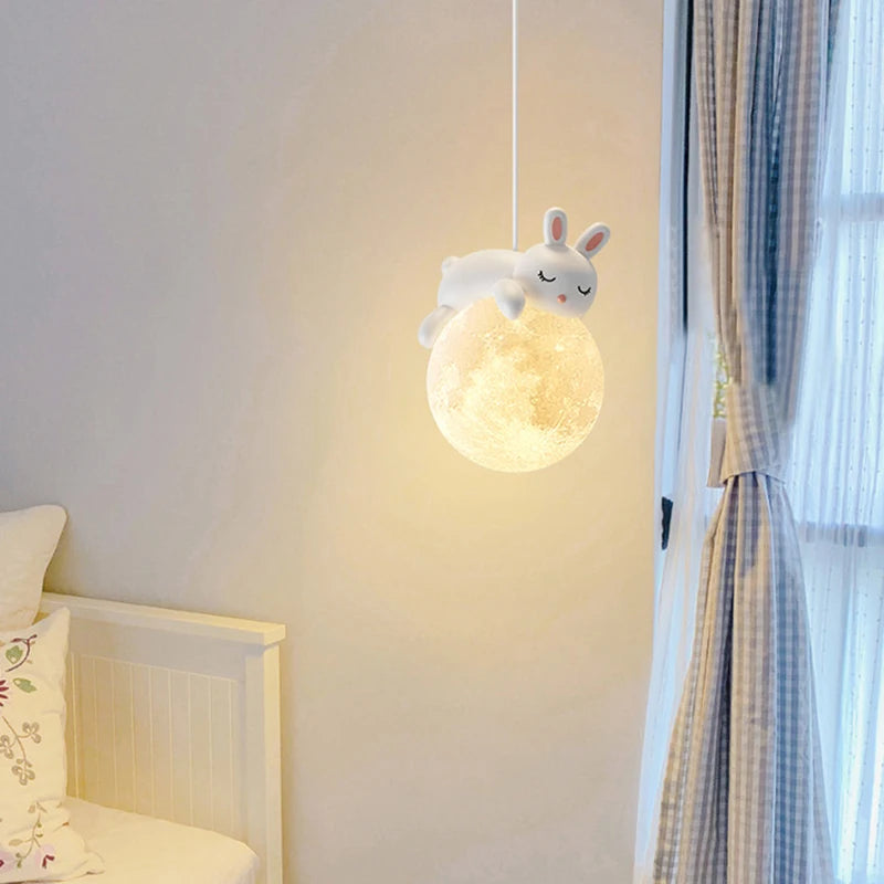 Suspension ours chevet enfant 3d lune lapin blanc veilleuse