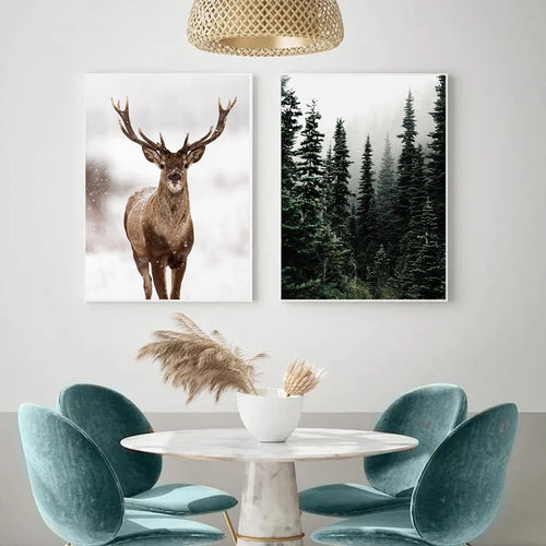hiver forêt cerf hibou paysage art mural nordique - vue 6 sur 7