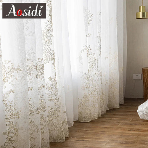 Voilage tulle brodé floral rideau moderne salon chambre - vue 4 sur 7