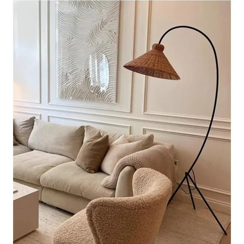 Nordic Tripod Floor Lamp with Rattan Shade Standing Light for Living Room Bedroom