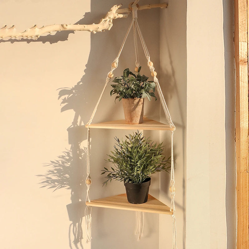 Étagère Murale Suspendue Rustique En Bois - Avec Crochets - Rangement Déco Chambre, Salon - Style Bohème Naturel