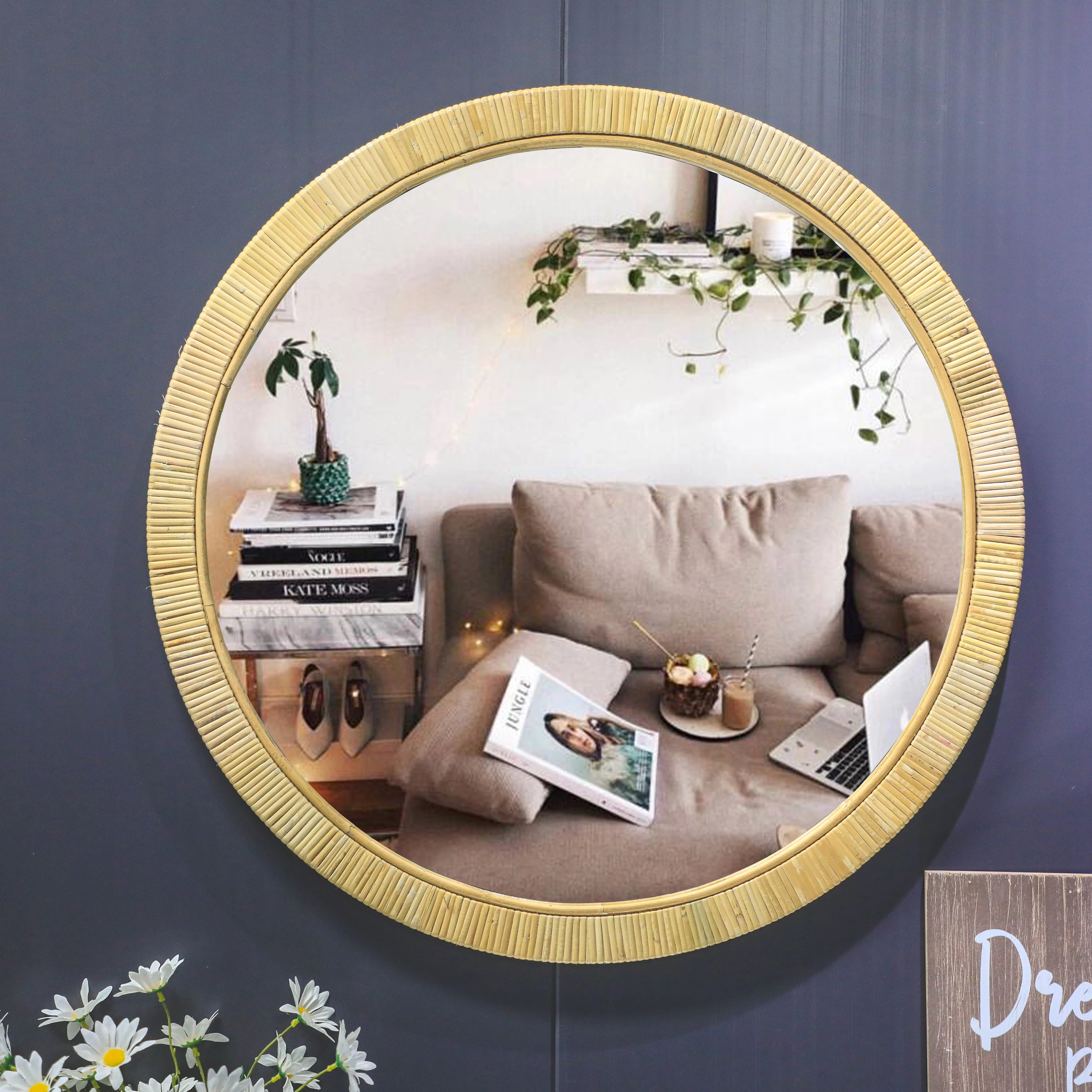 miroir mural encadré en rotin naturel fait main décoratif et élégant - vue 7 sur 6