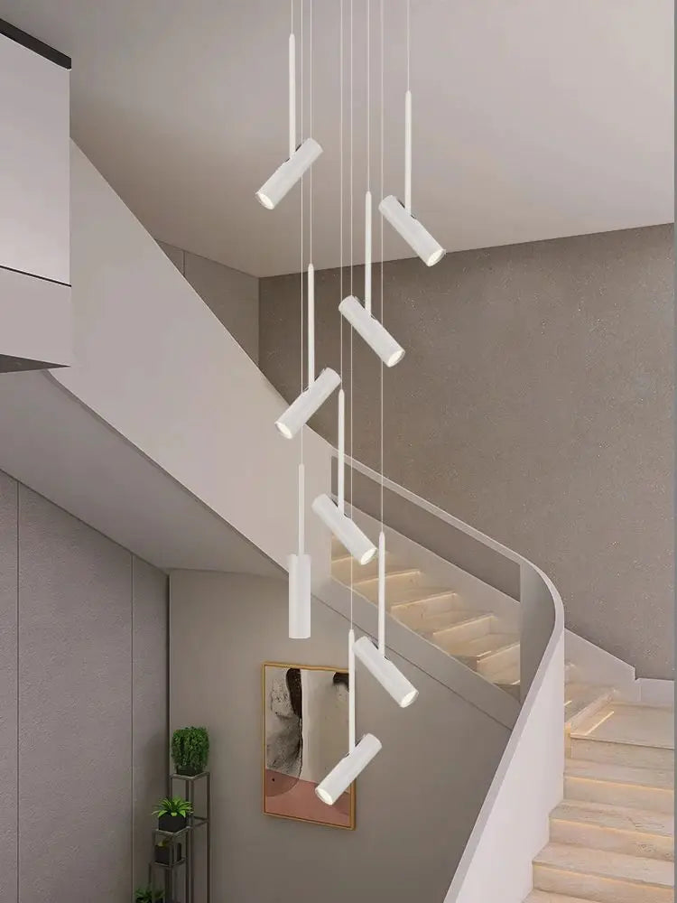 Led cylindrique spot suspension design moderne Restaurant éclairage noir blanc minimaliste escalier Long lustre