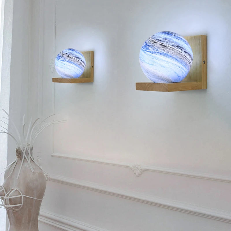 Applique murale moderne en bois avec abat-jour en verre planète colorée E27 LED chambre salon étude enfants montage mural lumière AC220V
