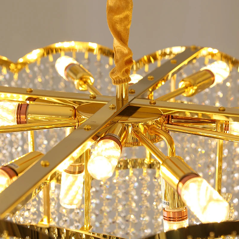 lustre moderne en cristal doré haute suspension design élégant pour intérieur - vue 4 sur 9