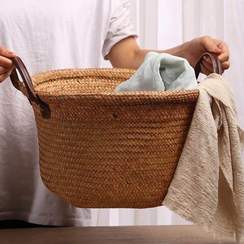 panier de rangement tissé à la main pliable en osier et jonc de mer - vue 3 sur 8