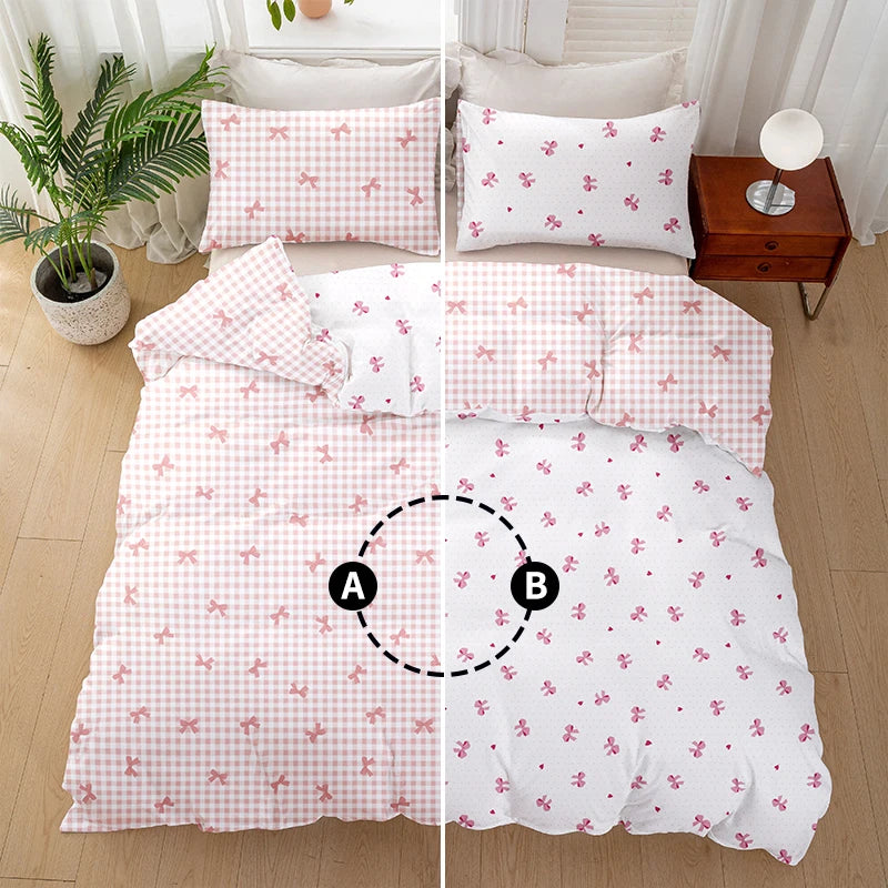 housse de couette à carreaux avec nœud papillon et 2 taies d'oreiller