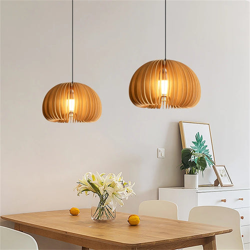 suspension LED en bois en forme de citrouille design moderne fait à la main - vue 2 sur 19