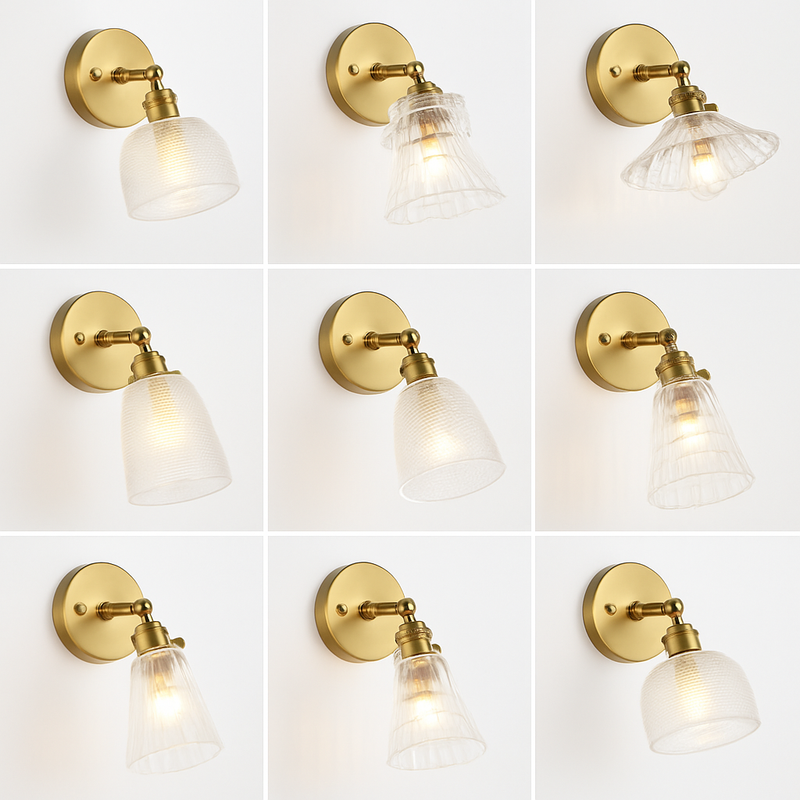 Applique murale dorée à LED et abat-jour en verre