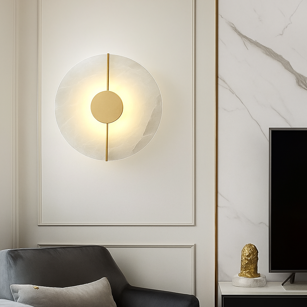 Applique murale LED ronde en marbre et cuivre doré - vue 6 sur 10