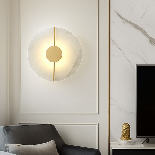 Applique murale LED ronde en marbre et cuivre doré - vue 6 sur 10
