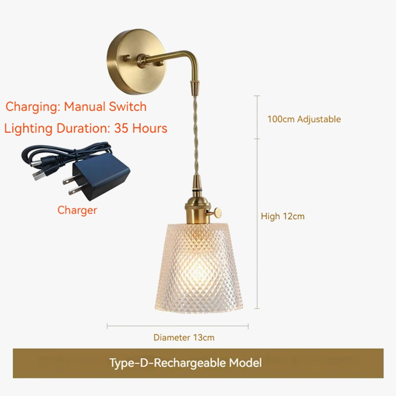 applique murale led scandinave en verre et laiton avec interrupteur à batterie