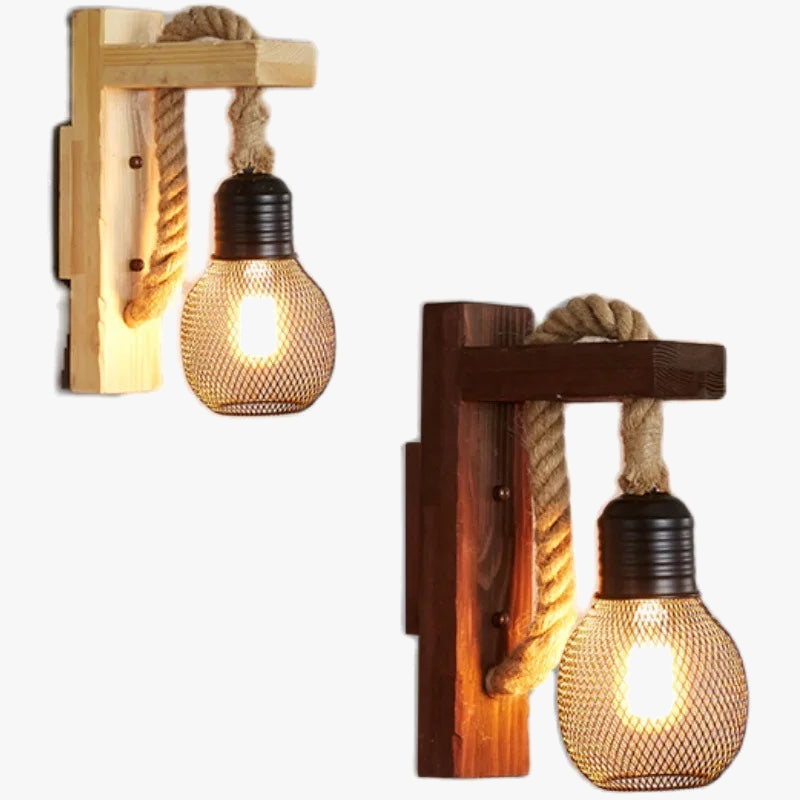 applique murale loft industriel vintage en bois avec corde de chanvre