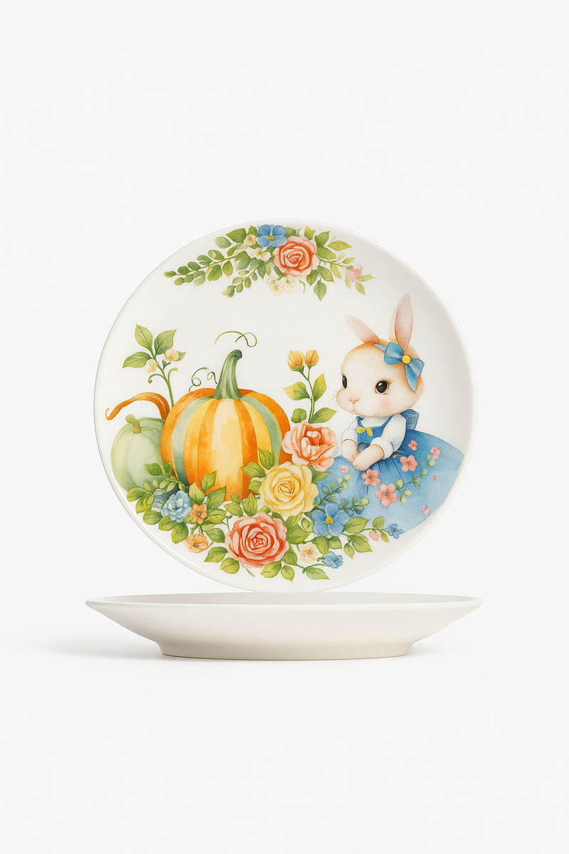 Assiette ceramique motif citrouille et lapin style jardin