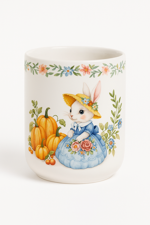 Assiette céramique motif citrouille et lapin style jardin