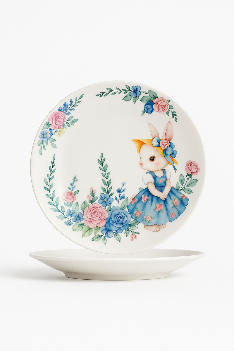 Assiette ceramique motif citrouille lapin style jardin