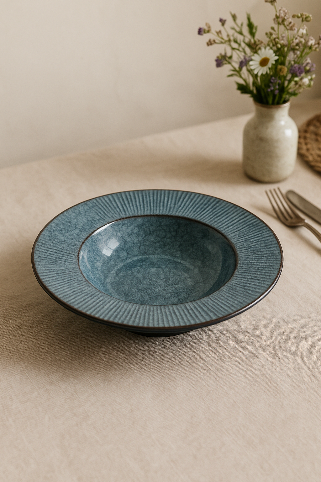 Assiette creuse céramique style chapeau paille japonais rayures
