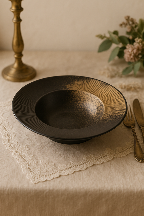 Assiette creuse céramique style chapeau paille japonaise rayures - vue 2 sur 2