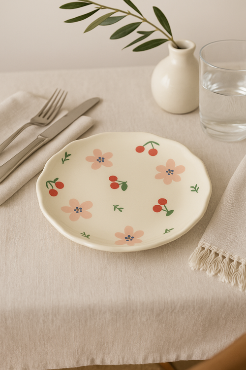 Assiette gateau ceramique style coreen motif floral artisanal - vue 2 sur 2