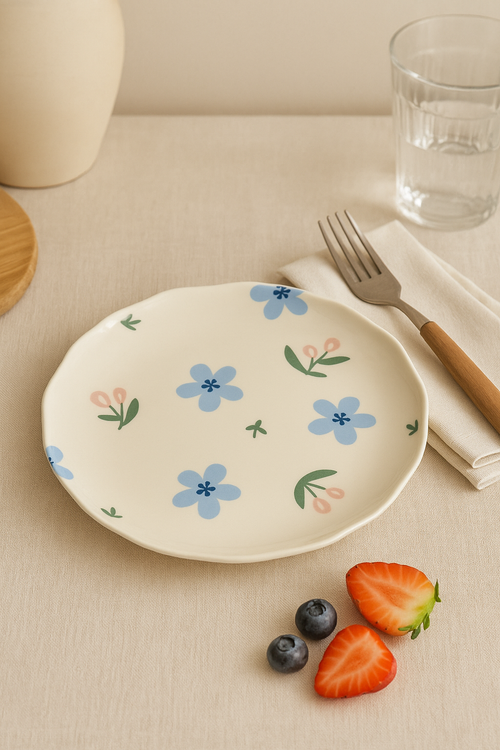 Assiette gateau ceramique style coreen motif floral irregulier - vue 2 sur 2