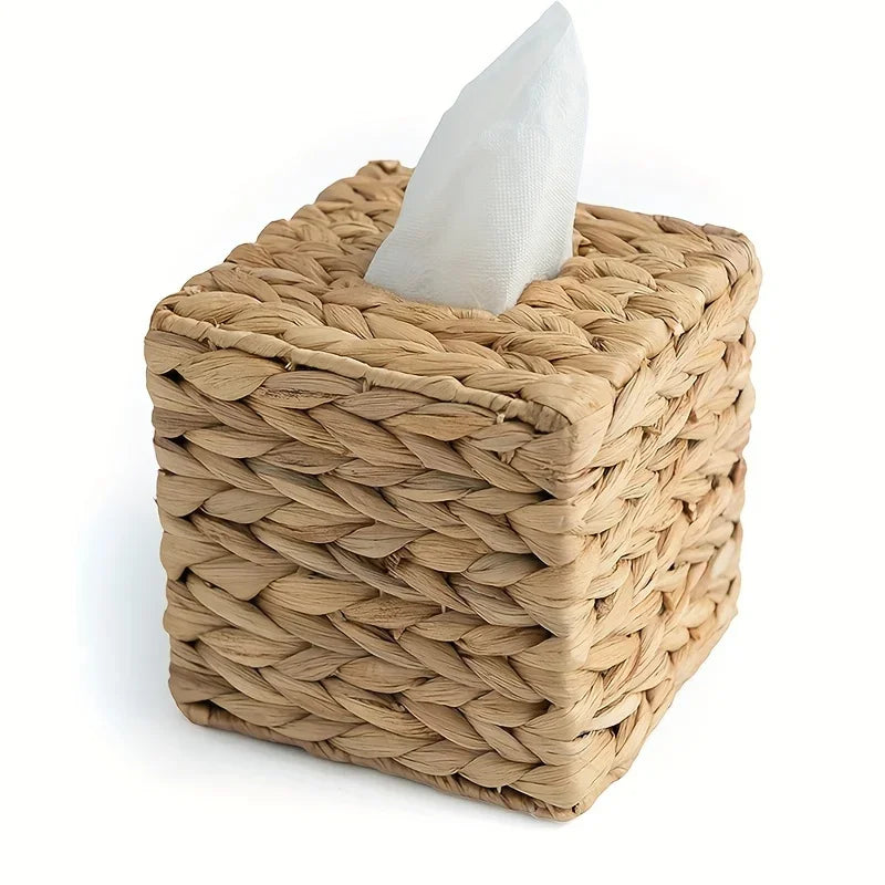 boîte à mouchoirs tissée en jacinthe d'eau avec couvercle en rotin