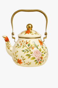 Bouilloire émail vintage motif floral poignée dorée 15l
