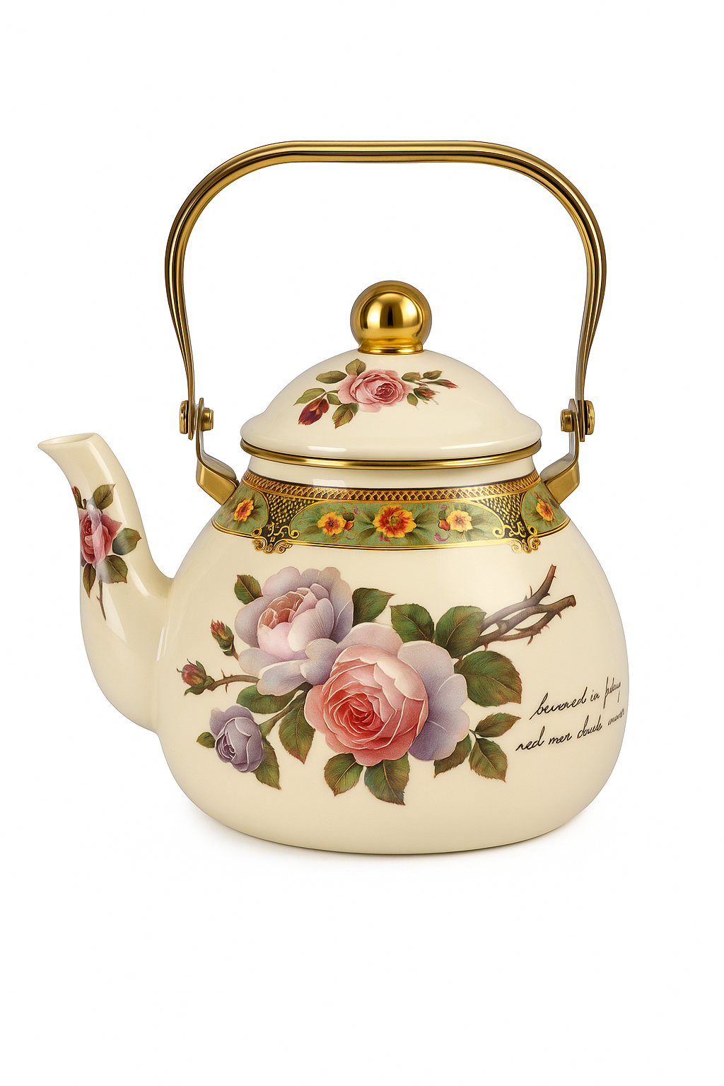 Bouilloire vintage email motif fleuri poignée dorée 15l