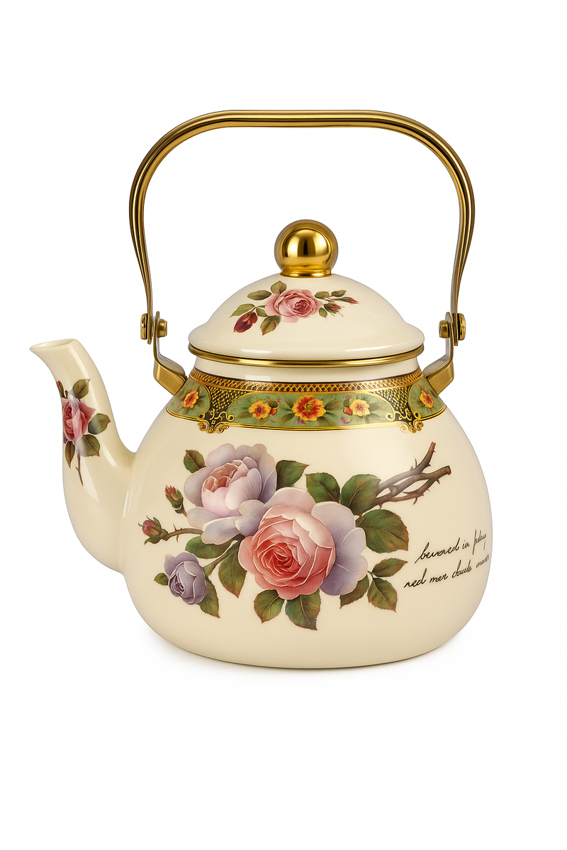 Bouilloire vintage email motif fleuri poignée dorée 15l